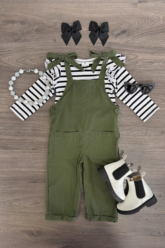 Stripe Jumpsuit Set - Olive Green / 3XS-6-12 Months - Olive green jumpsuit with front pockets over black and white striped long-sleeve shirt, black bows, white and black boots,.