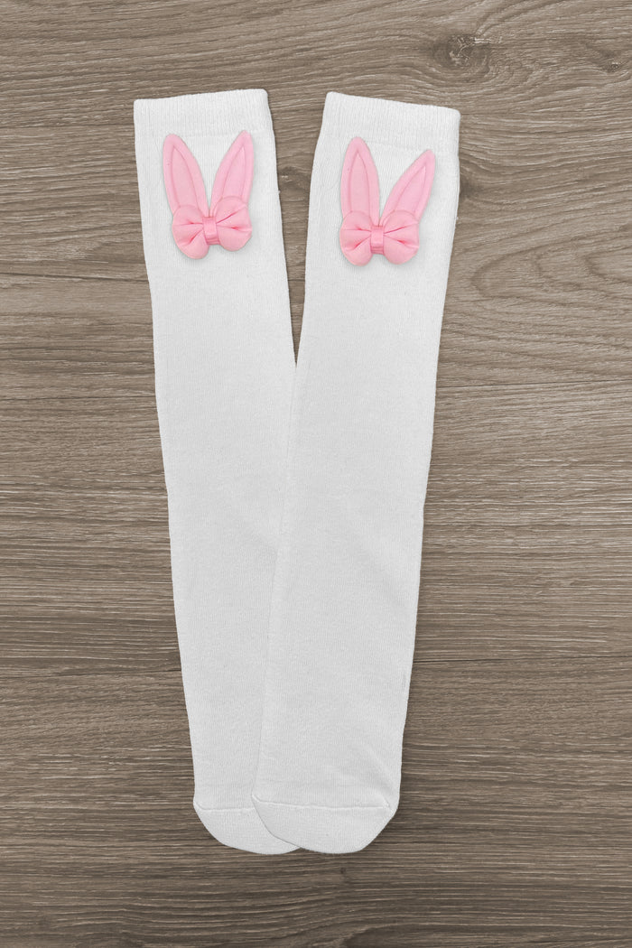 Bunny Ear Bow Socks - Default Title - White knee-high socks with pink 3D bunny ear bows on the cuffs.