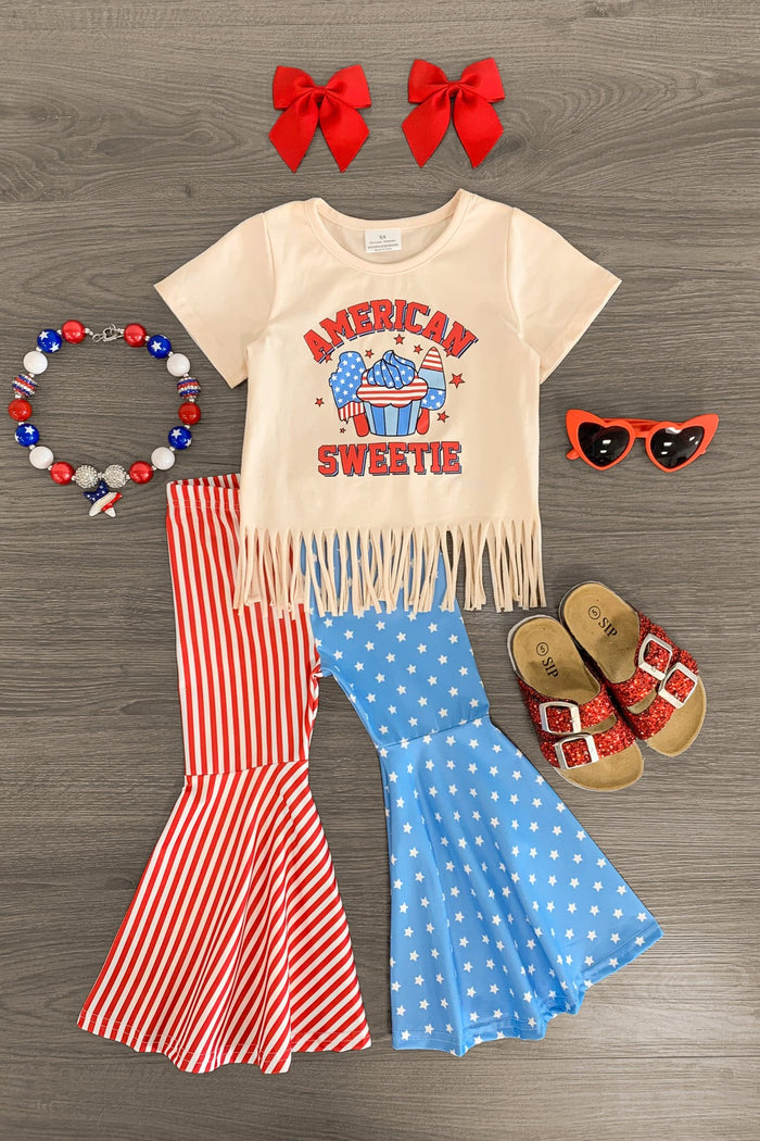 "American Sweetie" Bell Bottom Set - 3XS-6-12 Months - Cream fringe t-shirt with American Sweetie graphic, red and white striped bell bottom pants, blue polka dot bell bottoms,.