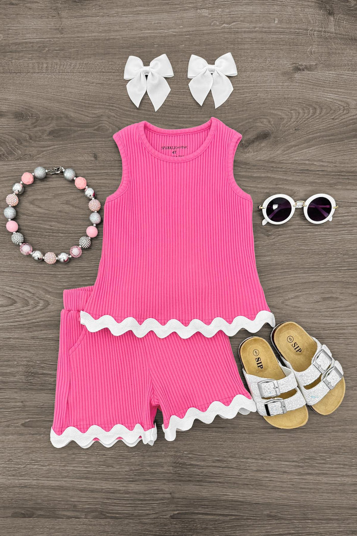 Pink Ribbon Short Set - 6-12 Months - Hot pink sleeveless top and shorts set with white zigzag trim, paired with white bow clips, beaded necklace, round white.