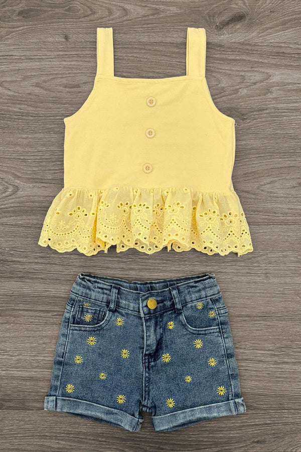 Eyelet Flower Denim Short Set | Sparkle in Pink