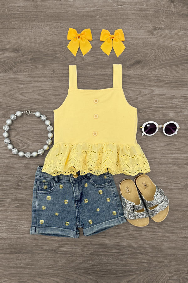 Eyelet Flower Denim Short Set | Sparkle in Pink