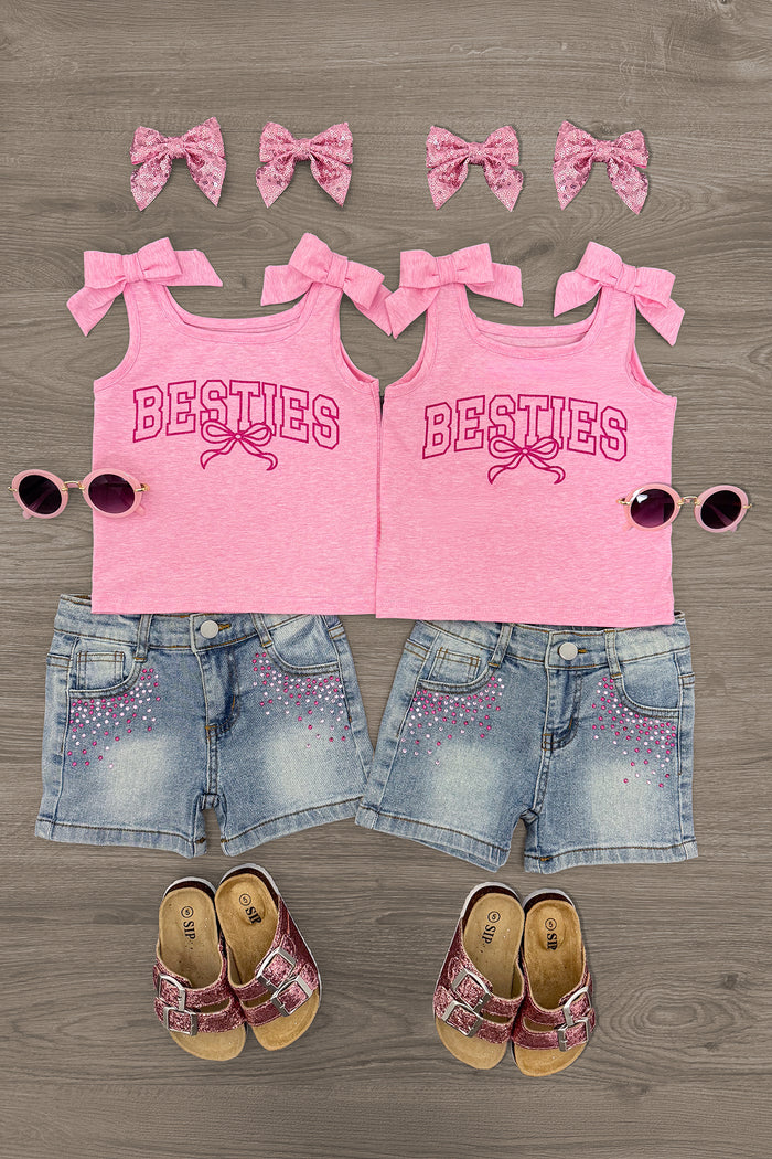 "Besties" Denim Short Set - 6-12 Months - Pink sleeveless "Besties" tops with matching bows, paired with faded blue denim shorts and pink sandals.