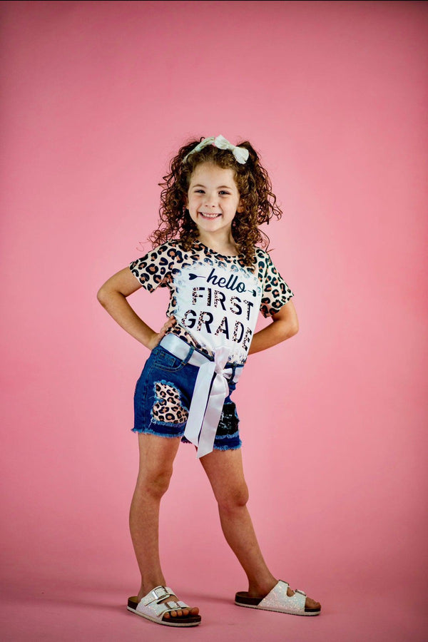 "Hello Preschool - 6th Grade" Cheetah Denim Short Set - Sparkle in Pink