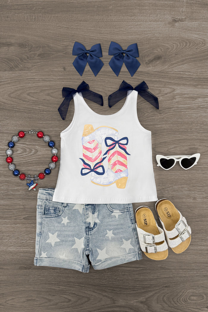 Cowgirl Bow Denim Short Set - 6-12 Months - Toddler white tank top with butterfly graphic, star-patterned denim shorts, tan sandals, white sunglasses, blue bows, and.