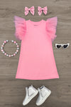 Pink Rhinestone Dress - 6-12 Months - Pink sleeveless dress with glittery rhinestones and layered tulle ruffle sleeves, paired with matching pink bow hair clips,.