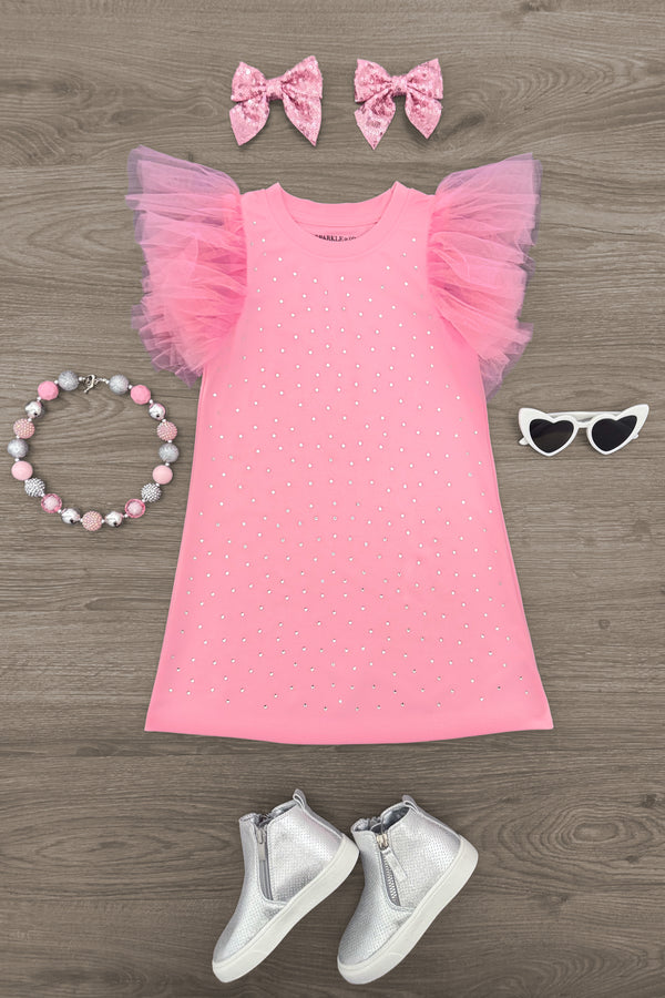 Pink Rhinestone Dress - 6-12 Months - Pink sleeveless dress with glittery rhinestones and layered tulle ruffle sleeves, paired with matching pink bow hair clips,.