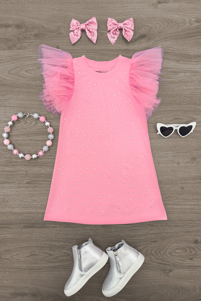 Pink Rhinestone Dress - 6-12 Months - Pink sleeveless dress with glittery rhinestones and layered tulle ruffle sleeves, paired with matching pink bow hair clips,.