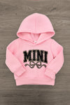 Mom & Me - "Mama & Mini" Pink Cheetah Pullover - 6-12 Months - Pink toddler pullover hoodie with "MINI" black and cheetah print lettering and drawn hearts on front.