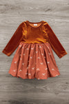Rust Velvet Bow Dress - 6-12 Months - Rust velvet long-sleeve dress with gathered waist and floral-patterned skirt.