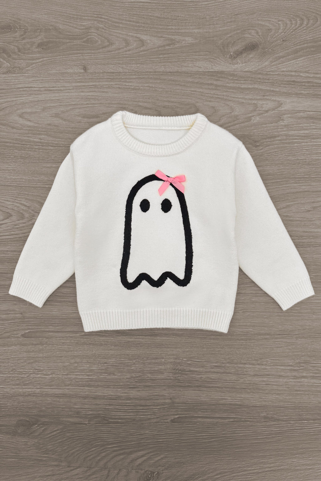 Ghost Pant Set - Boy Or Girl - GIRL-6-12 Months-FAMILY - Cream knit sweater with black ghost graphic and pink bow detail on chest.