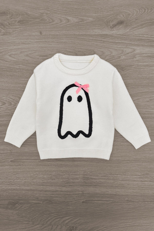 Ghost Pant Set - Boy Or Girl - GIRL-6-12 Months-FAMILY - Cream knit sweater with black ghost graphic and pink bow detail on chest.