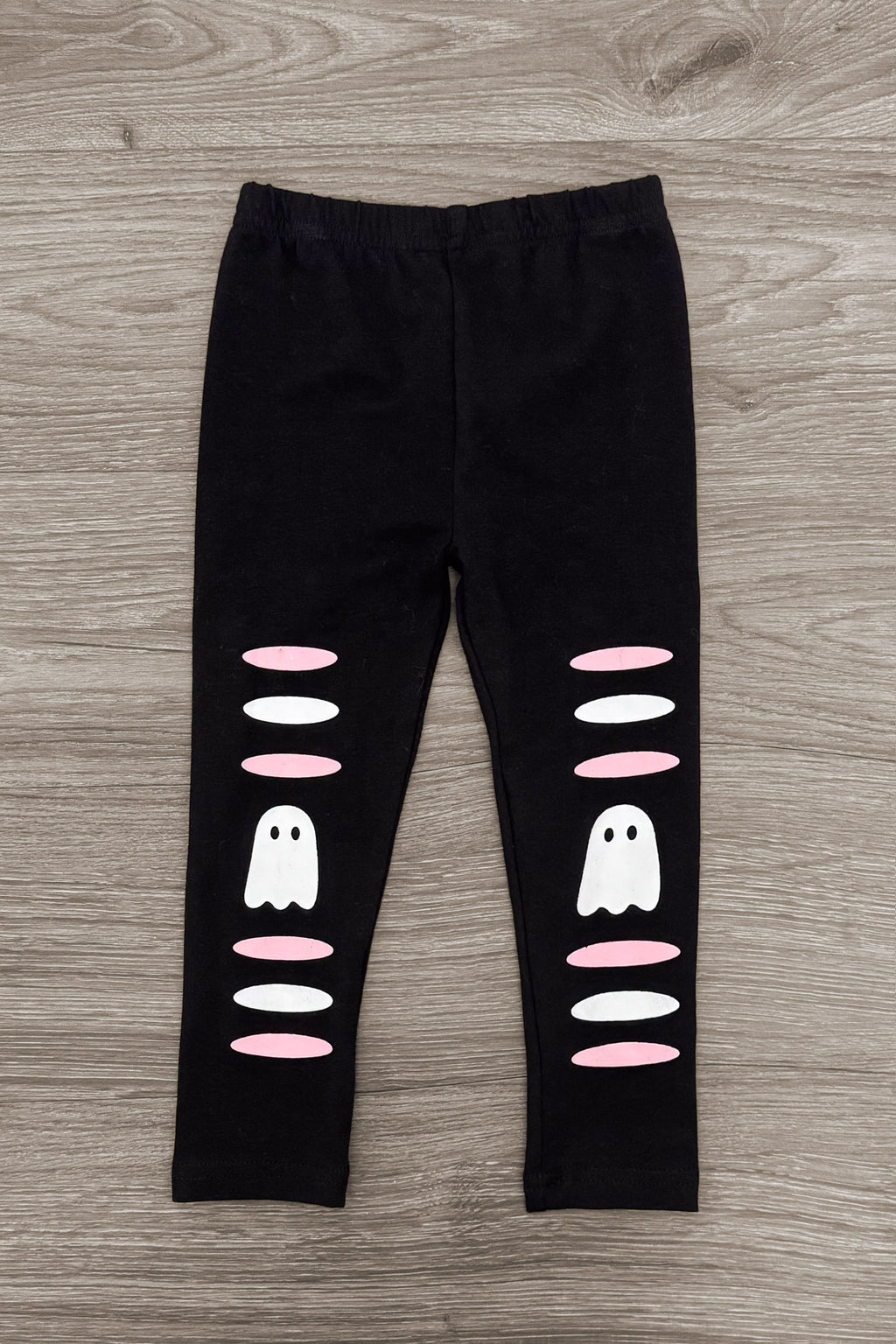 Ghost Pant Set - Boy Or Girl - GIRL-6-12 Months-FAMILY - Black leggings with white ghost and pink oval cutout designs on front legs.