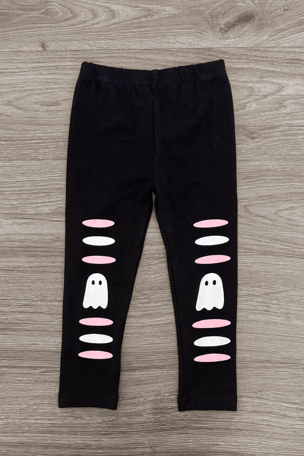 Ghost Pant Set - Boy Or Girl - GIRL-6-12 Months-FAMILY - Black leggings with white ghost and pink oval cutout designs on front legs.