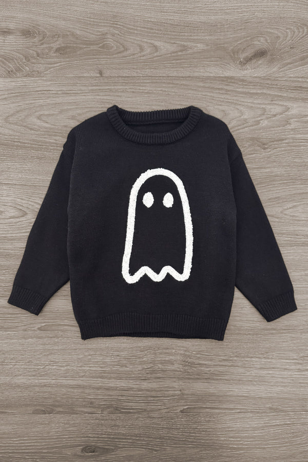 Ghost Pant Set - Boy Or Girl - GIRL-6-12 Months-FAMILY - Black knit sweater with a white cartoon ghost design on the front.