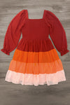 Mom & Me - Fall Ruffle Ombre Dress - MOM-XS - Long-sleeve fall dress with smocked bodice and tiered ruffle skirt in rust, orange, peach, and pale pink layers.