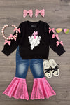 Bubblegum Ghost Denim Bell Bottom Set - 6-12 Months - Black long-sleeve denim top with pink bows and a pink bow-adorned ghost graphic paired with blue denim bell-bottom pants.