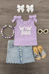 "Be The Good" Daisy Denim Skirt Set - 6-12 Months - Purple sleeveless top with bow straps and "Be The Good" text paired with button-front light denim skirt with scalloped hem.
