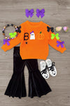 "Boo" Velvet Bell Bottom Set - 6-12 Months - Bright orange velvet long-sleeve top with Halloween-themed letters, paired with black velvet bell-bottom pants and white.
