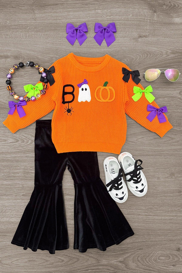 "Boo" Velvet Bell Bottom Set - 6-12 Months - Bright orange velvet long-sleeve top with Halloween-themed letters, paired with black velvet bell-bottom pants and white.