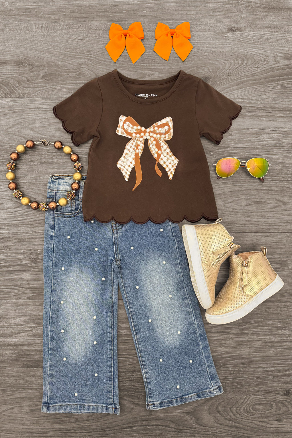 Plaid Pearl Bow Denim Pant Set