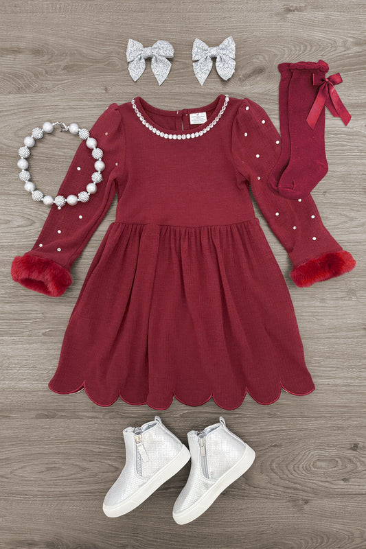 Fuzzy Rhinestone Dress - 6-12 Months - Burgundy fuzzy dress with a rhinestone-trimmed neckline, puff sleeves, and a scalloped skirt, styled with white boots and.