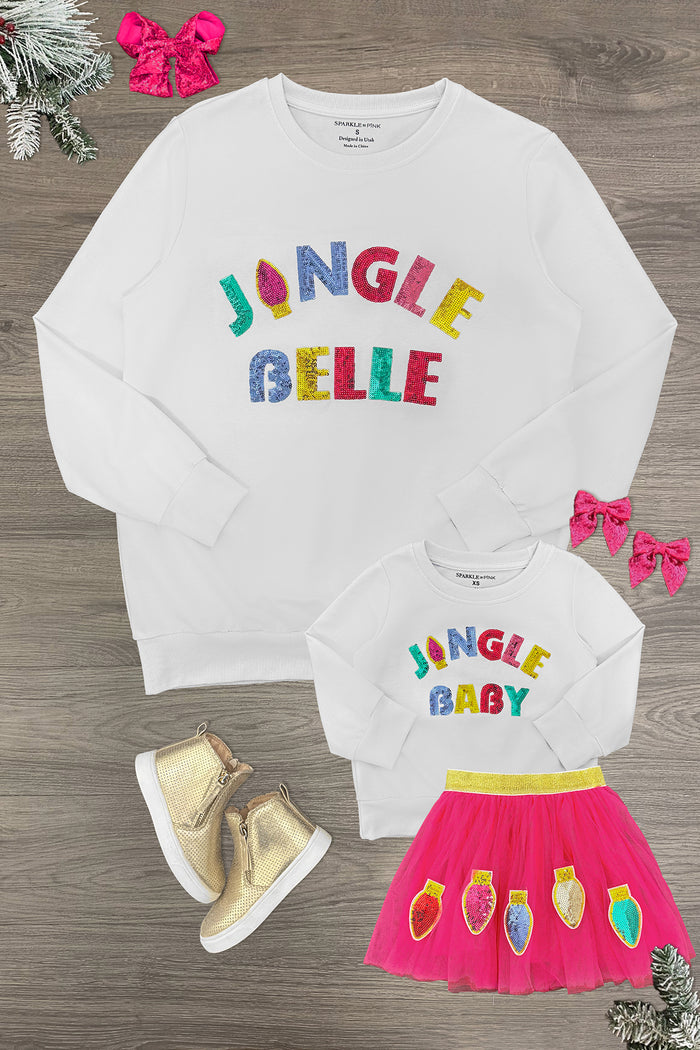 Mom & Me - "Jingle Belle & Jingle Baby" Skirt Set - CHILD-3XS-6-12 Months - White sweatshirt with colorful "Jingle Belle" text paired with white "Jingle Baby" sweatshirt and pink skirt with Christmas.