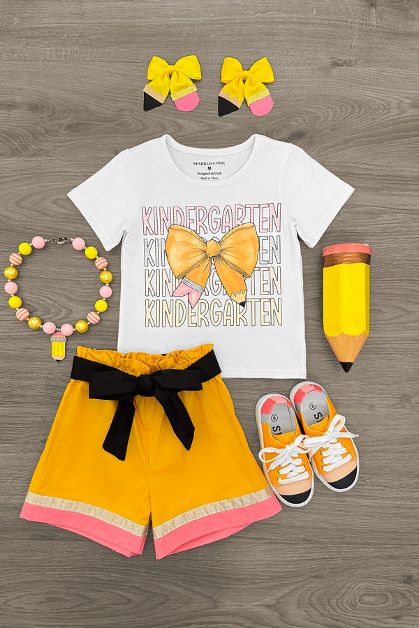 "Pre-K - 6th Grade" Pencil Bow Short Set | Sparkle in Pink