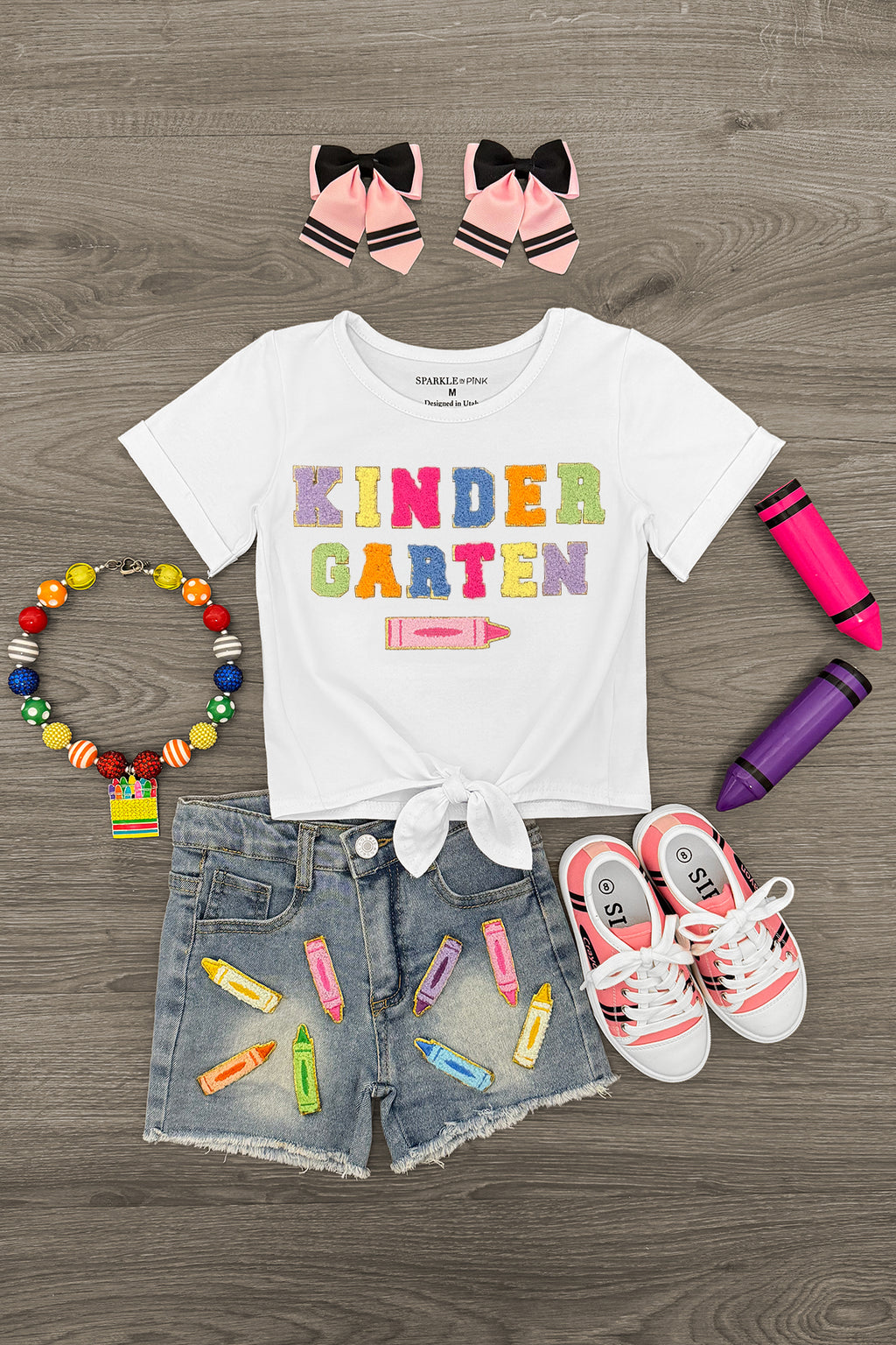 "Pre School - Sixth Grade" Crayon Denim Short Set | Sparkle in Pink