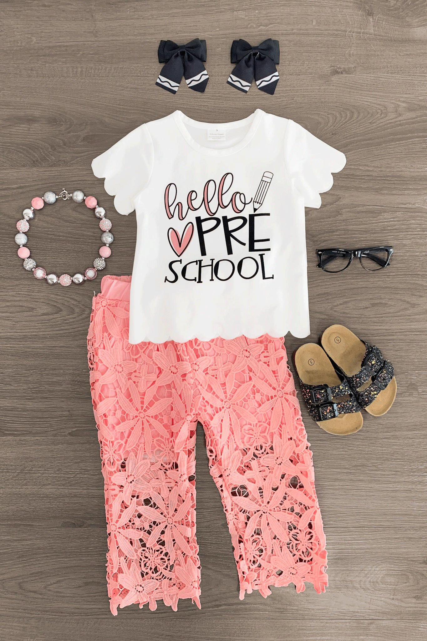 "Hello Pre-K - 6th Grade" Floral Lace Pant Set - Sparkle in Pink