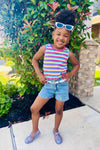 Rainbow Striped Flower Denim Short Set | Sparkle in Pink