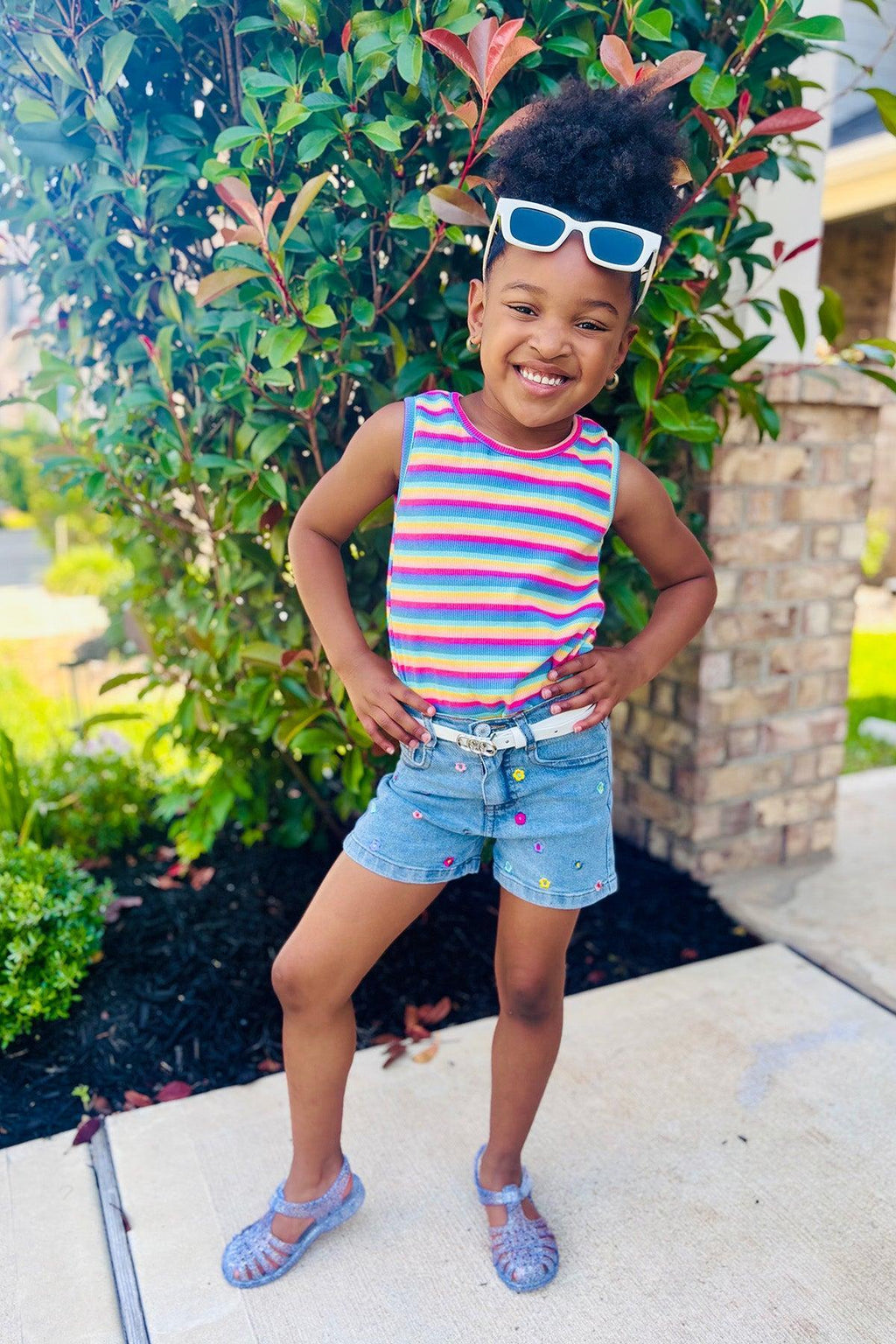Rainbow Striped Flower Denim Short Set | Sparkle in Pink