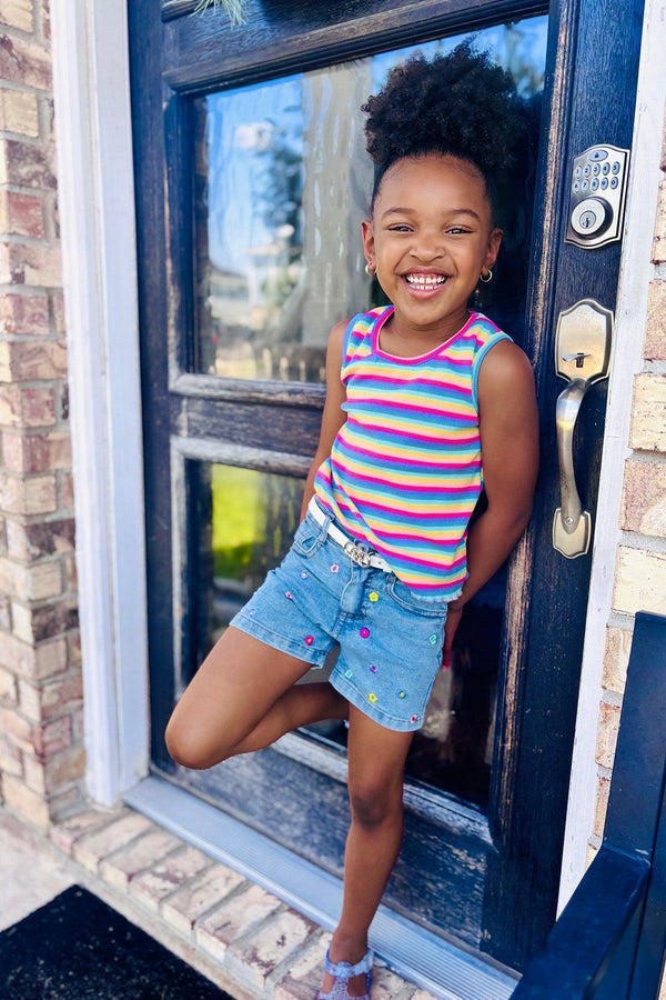 Rainbow Striped Flower Denim Short Set | Sparkle in Pink