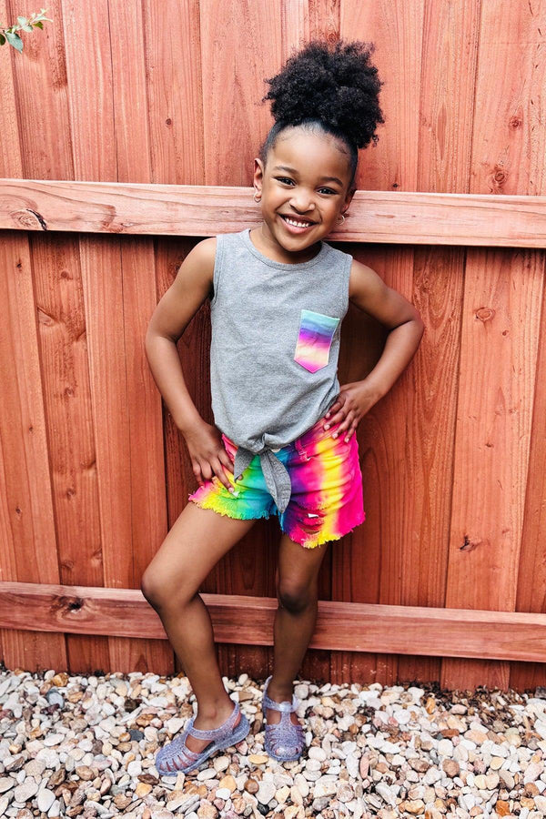 Gray & Rainbow Denim Short Set | Sparkle in Pink