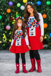 Mom & Me - Gumball Costume Set - BABY-6-12 Months - Matching mom and daughter gumball machine costumes with multicolor pom-pom tops, red skirts, and red rain boots.