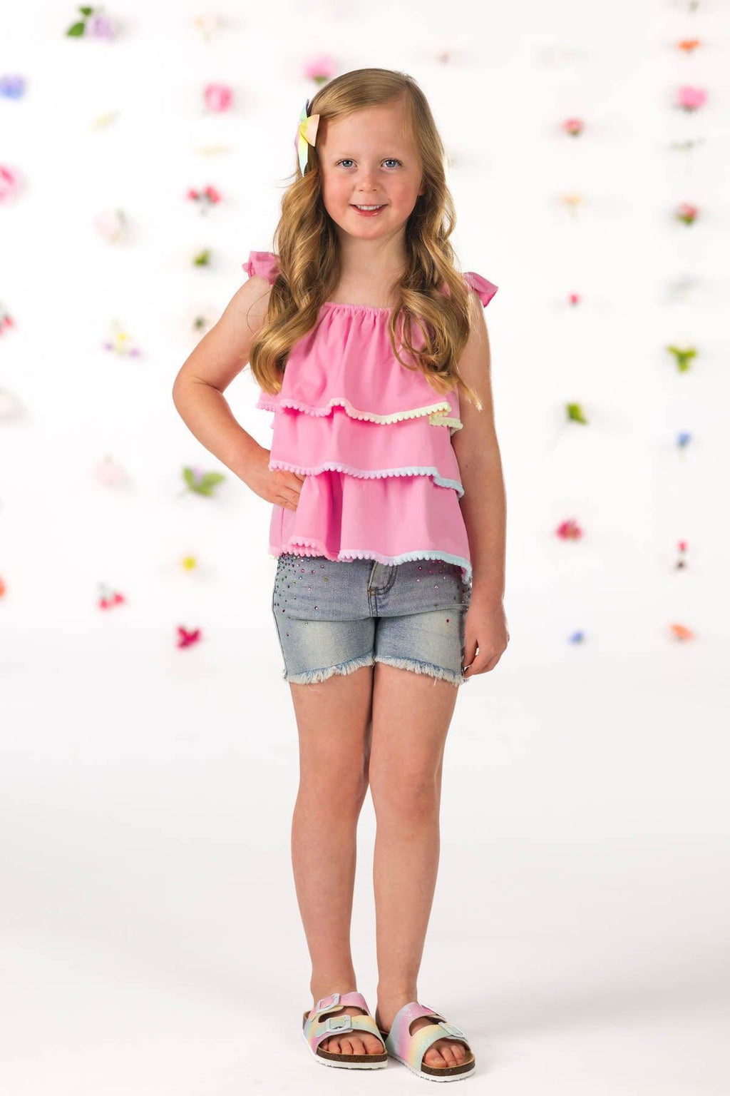 Pink Pom Pom Gemstone Denim Short Set | Sparkle in Pink