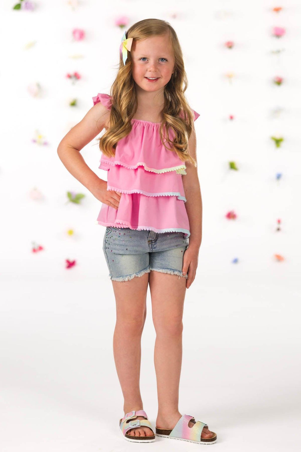 Pink Pom Pom Gemstone Denim Short Set | Sparkle in Pink