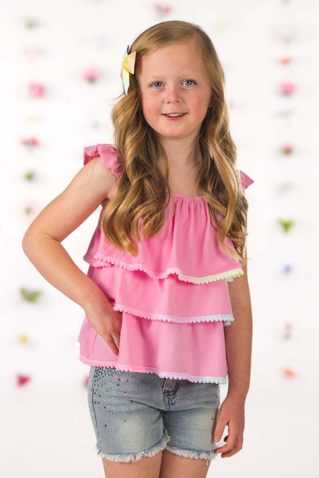 Pink Pom Pom Gemstone Denim Short Set | Sparkle in Pink