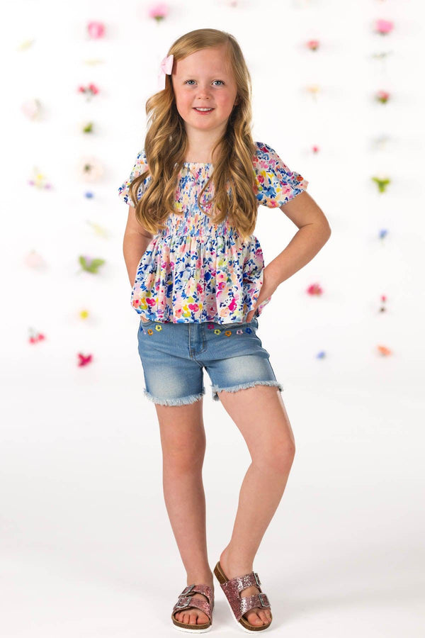 Floral Watercolor Denim Short Set | Sparkle in Pink