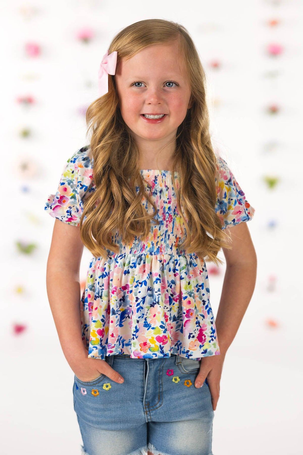 Floral Watercolor Denim Short Set | Sparkle in Pink