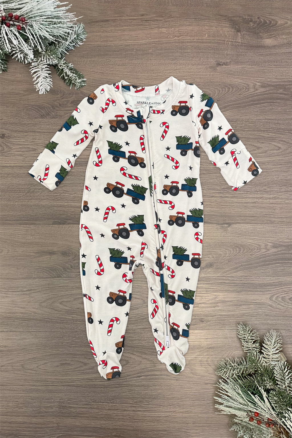 Bamboo White Candy Cane Truck Onesie | Sparkle in Pink