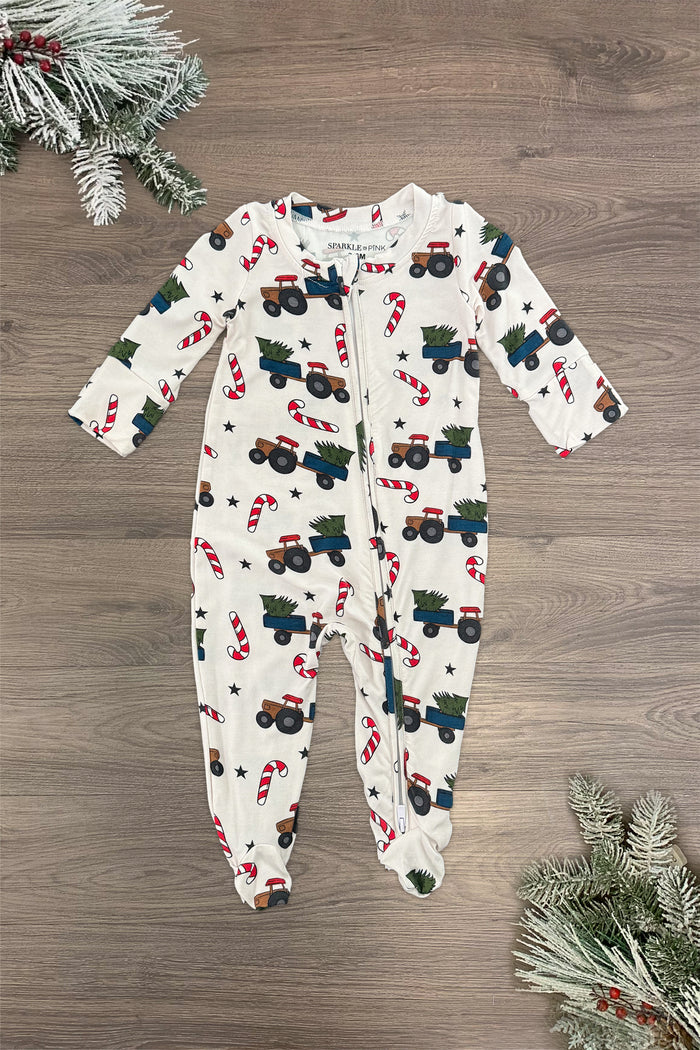 Bamboo White Candy Cane Truck Onesie - Newborn - White bamboo onesie with candy cane and vintage truck print, long sleeves, footed design, front zipper closure.