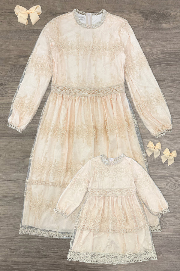 Mom & Me - Peach Lace Long Sleeve Dress