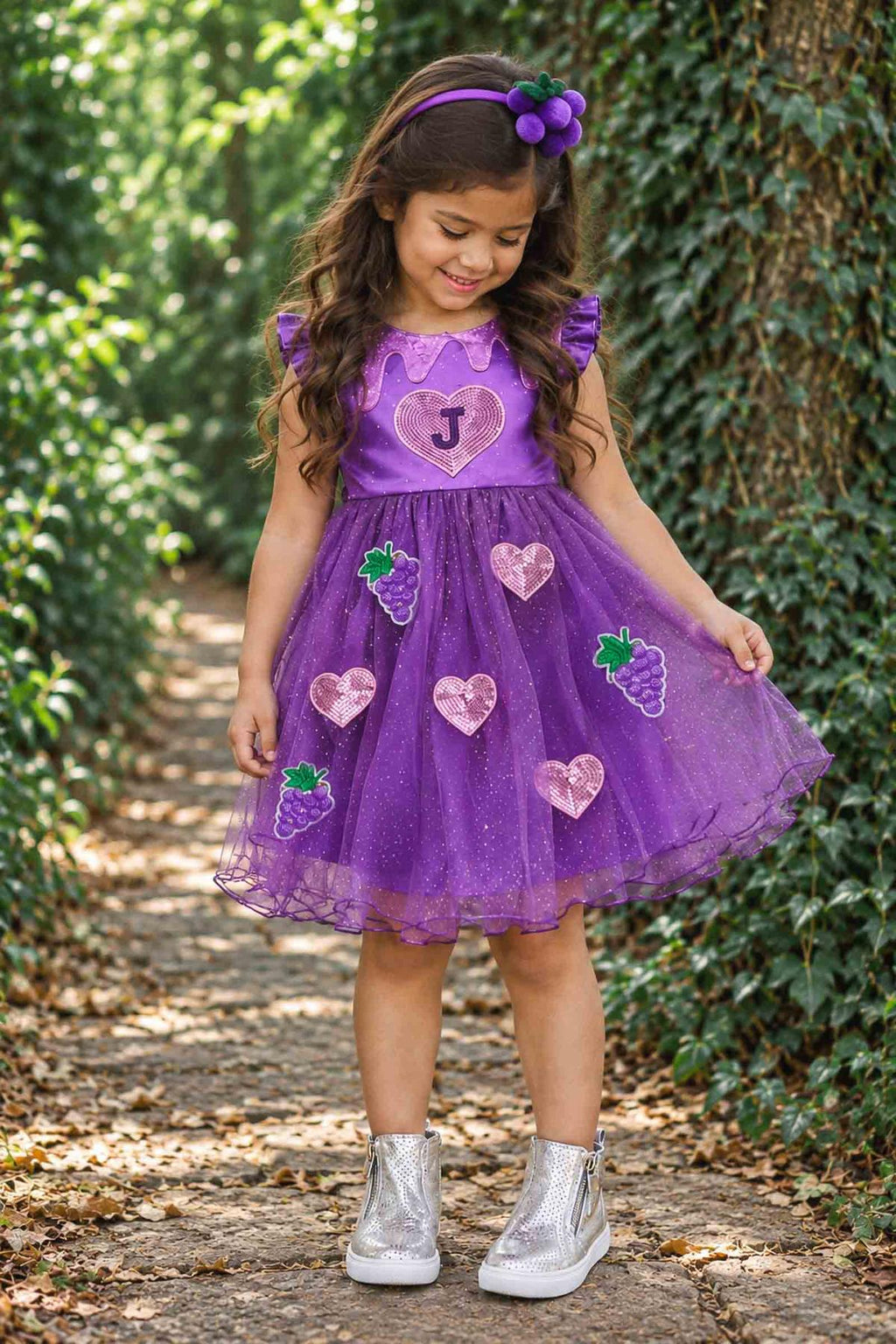 Peanut Butter & Jelly Costume - Jelly / 6-12 Months - Purple tulle dress with jelly and peanut butter patch appliqués, heart and grape designs, sleeveless with ruffled shoulders,