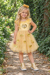 Peanut Butter & Jelly Costume - Peanut Butter / 6-12 Months - Gold sleeveless dress with PB emblem, tulle skirt adorned with peanut butter jars, matching gold shoes and hair bow.