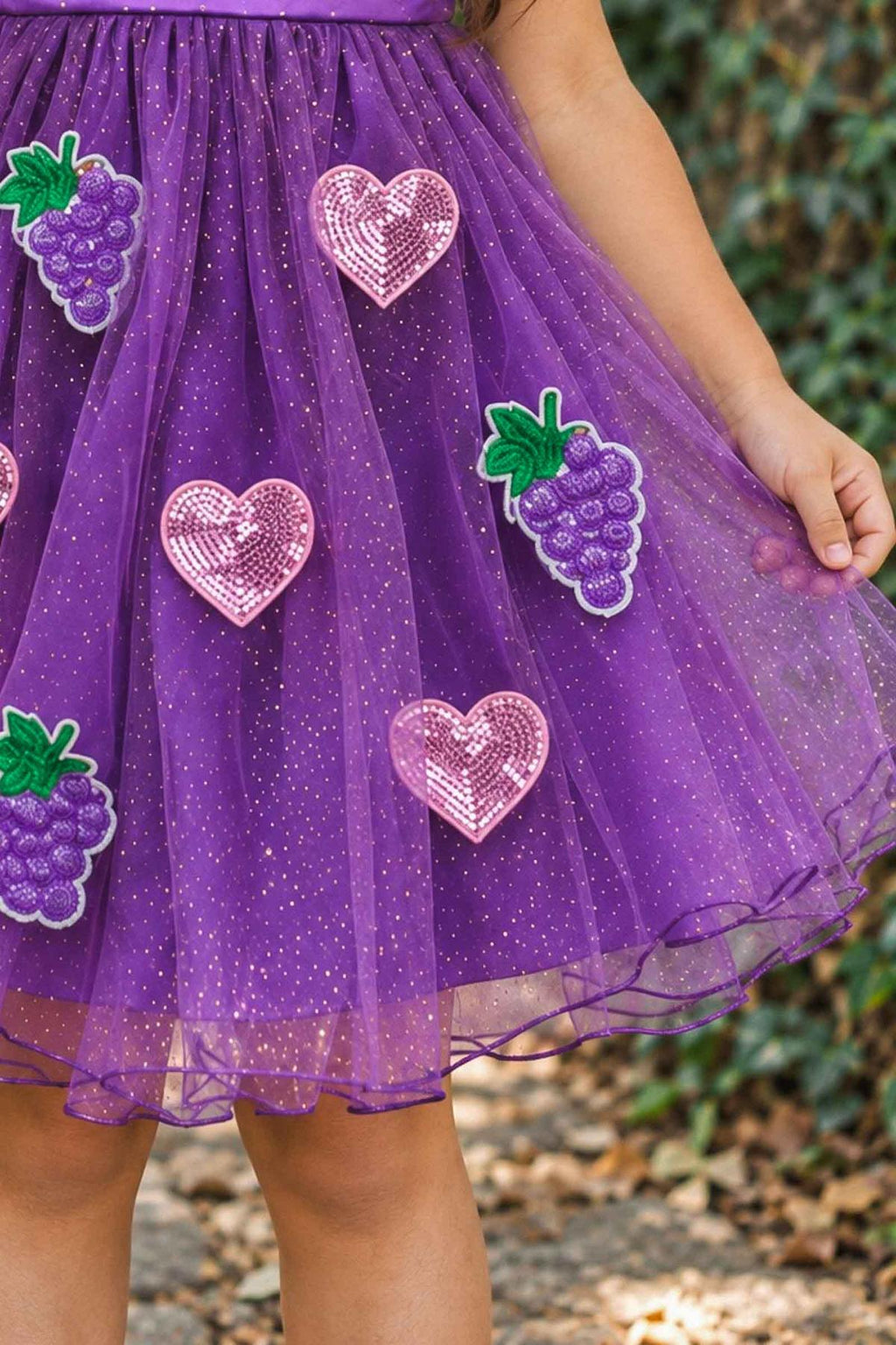 Peanut Butter & Jelly Costume - Peanut Butter / 6-12 Months - Purple tulle skirt with glitter and appliqué patches of purple grape clusters and pink hearts.