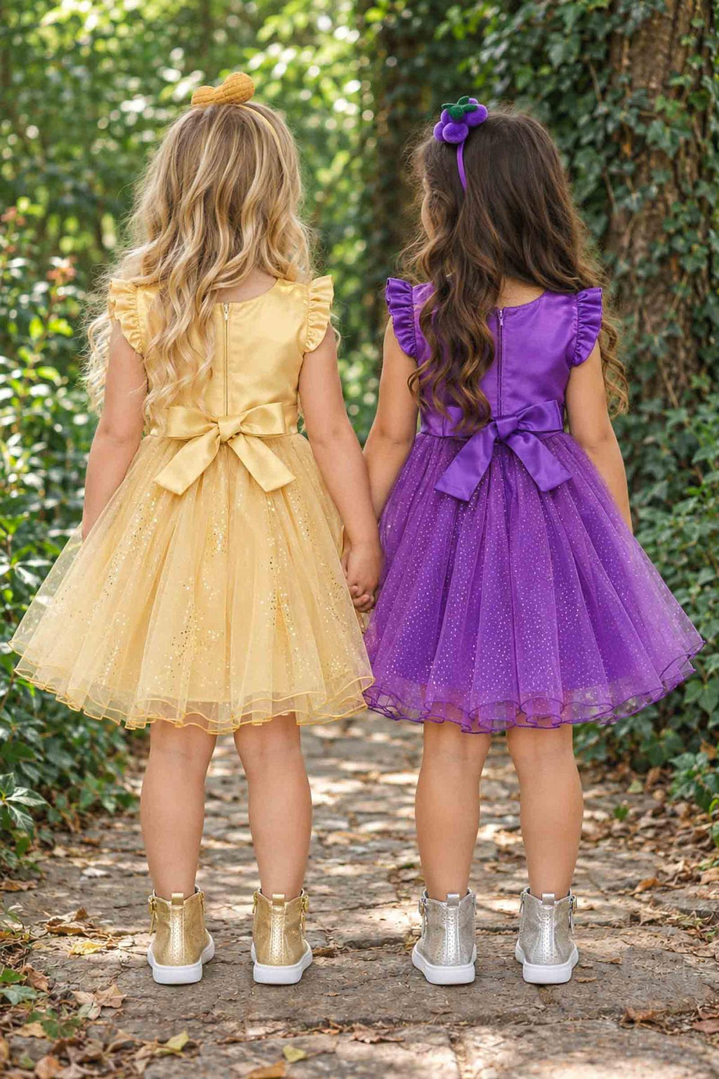 Peanut Butter & Jelly Costume - Peanut Butter / 6-12 Months - Girls' sleeveless tulle dresses in yellow and purple with large back bows and glittery sneakers.