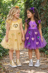 Peanut Butter & Jelly Costume - Peanut Butter / 6-12 Months - Gold tulle dress with peanut butter jar print and matching gold shoes and purple tulle dress with jelly jar and heart prints