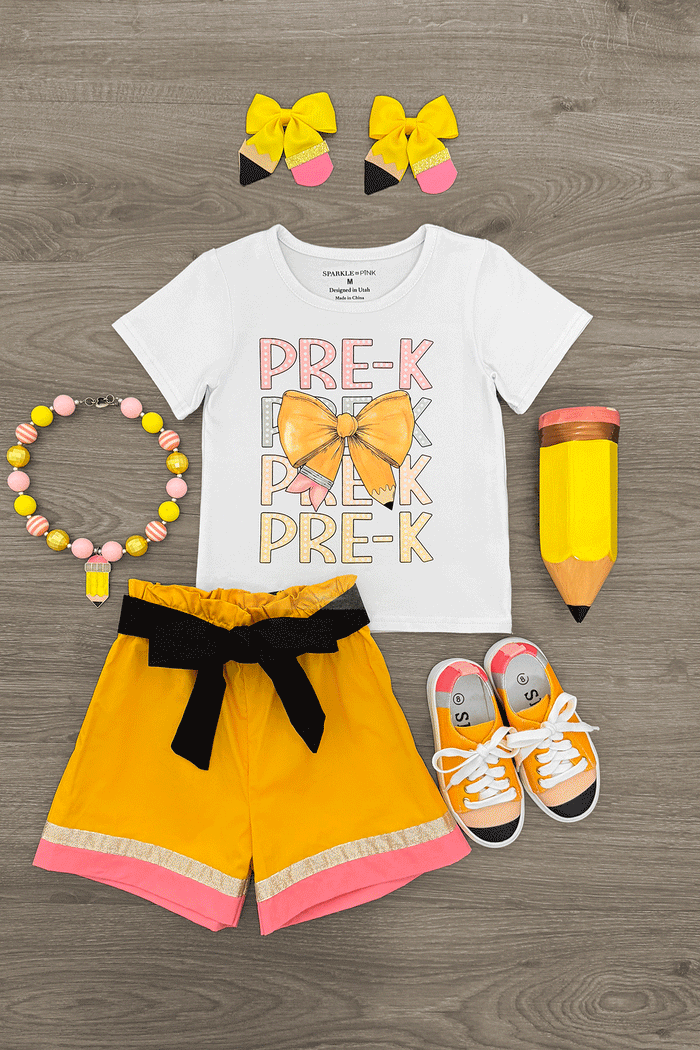 "Pre-K - 6th Grade" Pencil Bow Short Set - PRE-K / 2T - White Pre-K graphic tee with yellow bow, yellow bow shorts with black tie, matching yellow bow hair clips, orange and yellow .