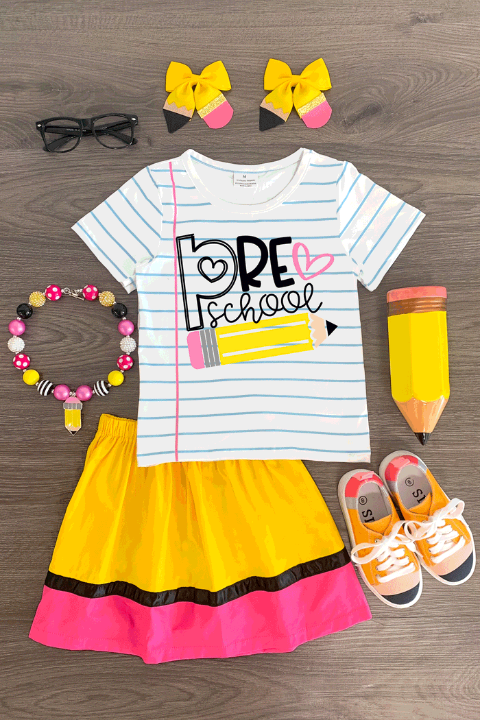 "Preschool - 5th Grade" Paper & Pencil Skirt Set - PRESCHOOL / 2T - White striped t-shirt with "Preschool" text, yellow skirt with pink and black trim, yellow pencil bag, pink sneakers, yellow .